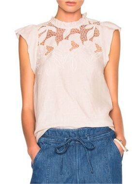 Ulla Johnson Aimee Linen Lace Eyelet Top Floral Embroidered Tan Size 4